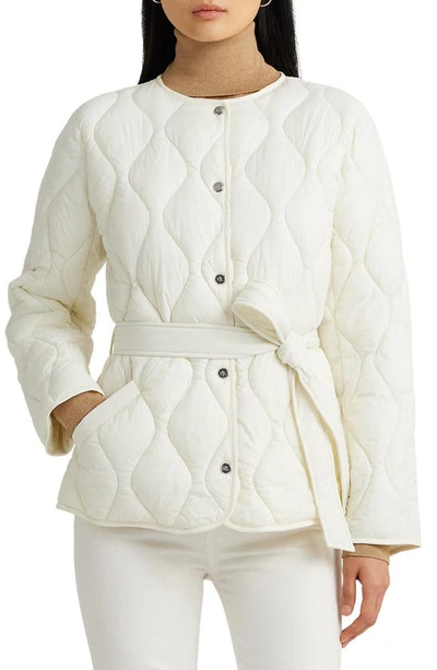 Shop Lauren Ralph Lauren Collarless Belted Quilted Jacket In Cream