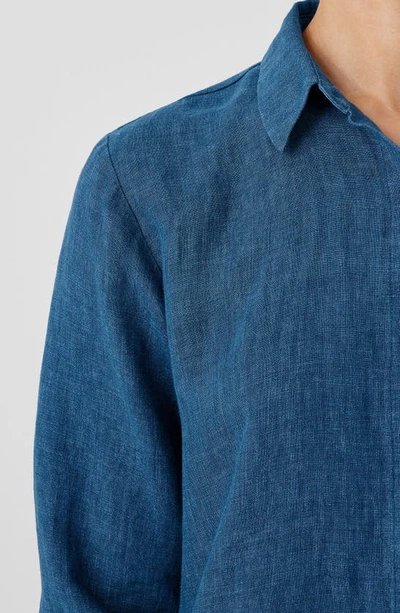 Shop Eileen Fisher Organic Linen Long Sleeve Button-up Shirt In Atlantis