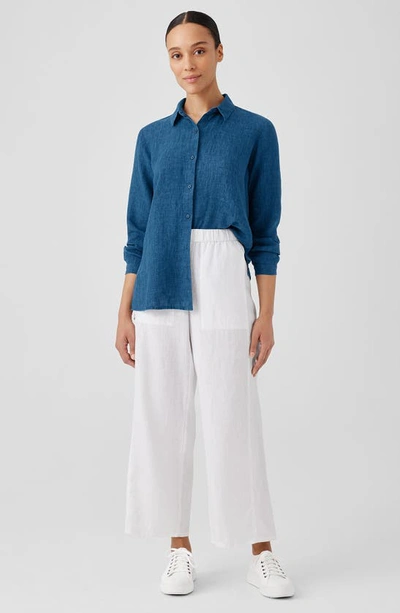 Shop Eileen Fisher Organic Linen Long Sleeve Button-up Shirt In Atlantis