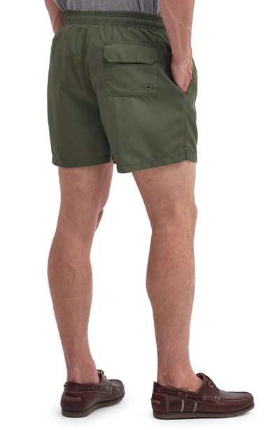 Shop Barbour Staple Logo Embroidered Swim Trunks In Olive