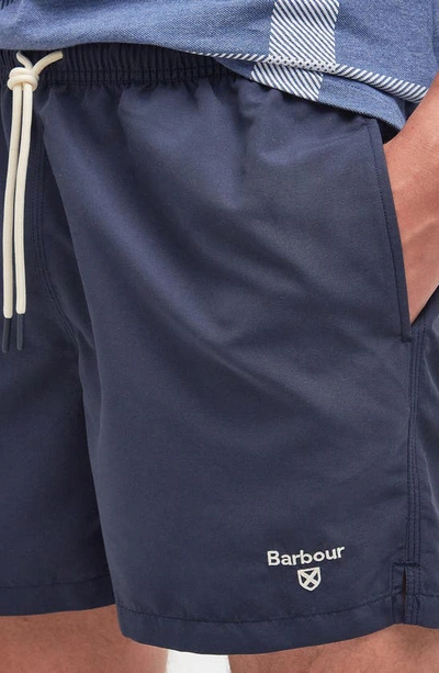 Shop Barbour Staple Logo Embroidered Swim Trunks In Navy