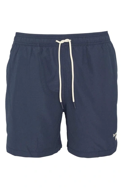 Shop Barbour Staple Logo Embroidered Swim Trunks In Navy