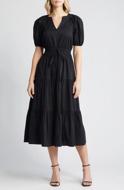 Shop Anne Klein Tiered Puff Sleeve Midi Dress In Anne Black