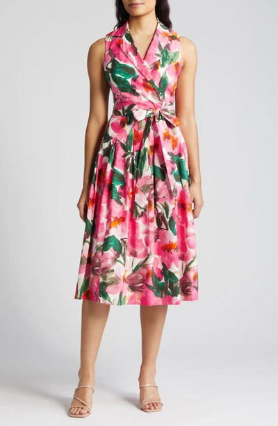 Shop Anne Klein Floral Notched Collar Midi Dress In Camellia Multi