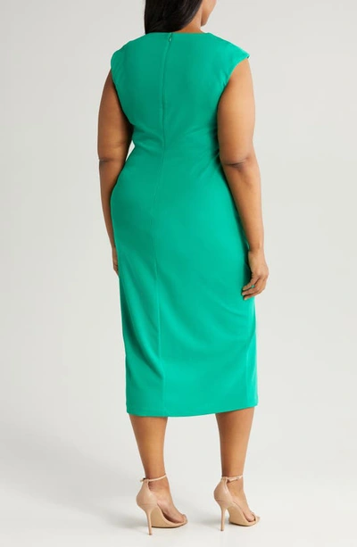 Anne Klein Asymmetric Neck Side Ruched Midi Sheath Dress In Green Sprig