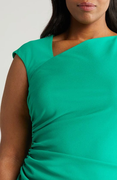Anne Klein Asymmetric Neck Side Ruched Midi Sheath Dress In Green Sprig