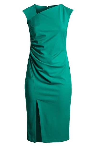 Anne Klein Asymmetric Neck Side Ruched Midi Sheath Dress In Green Sprig