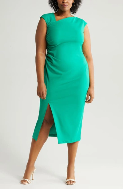 Shop Anne Klein Asymmetric Ruched Midi Dress In Green Sprig