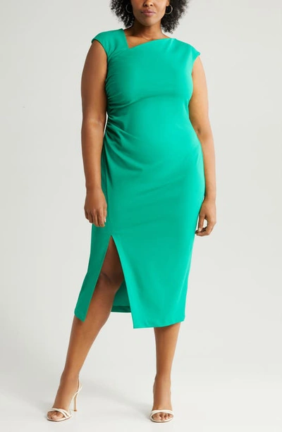Anne Klein Asymmetric Neck Side Ruched Midi Sheath Dress In Green Sprig
