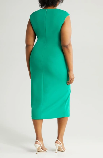Anne Klein Asymmetric Neck Side Ruched Midi Sheath Dress In Green Sprig