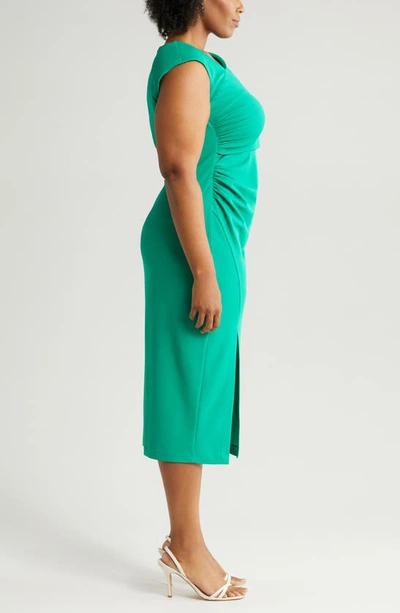 Anne Klein Asymmetric Neck Side Ruched Midi Sheath Dress In Green Sprig