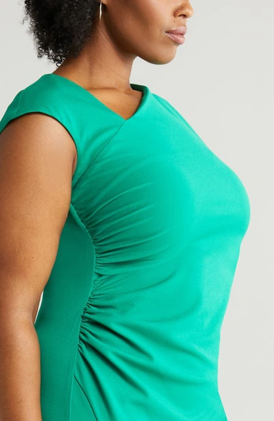 Anne Klein Asymmetric Neck Side Ruched Midi Sheath Dress In Green Sprig