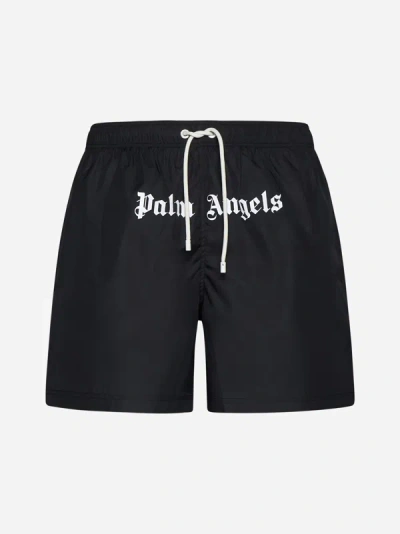 Shop Palm Angels Logo Swim Shorts In Black,white