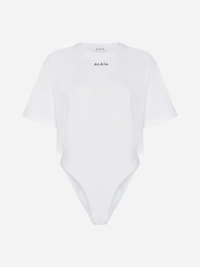 Shop Alaïa Logo Cotton Bodysuit In White,black