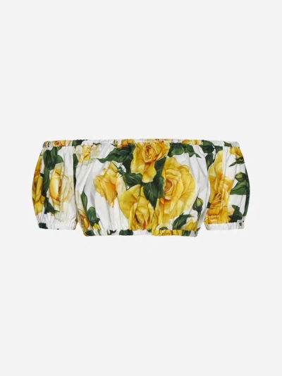 Shop Dolce & Gabbana Print Cotton Cropped Top In Yellow,white