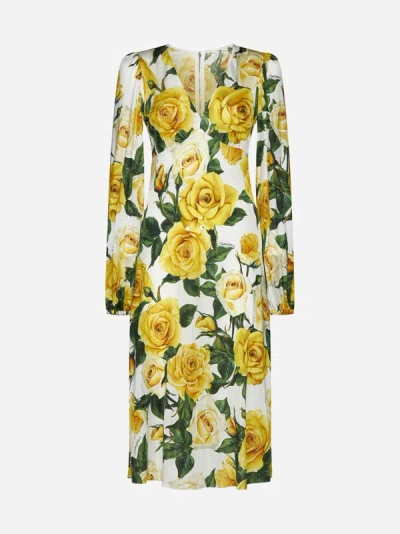 Shop Dolce & Gabbana Print Silk Midi Dress In Yellow,white