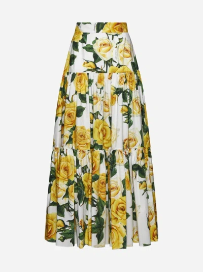Shop Dolce & Gabbana Print Cotton Midi Skirt In Yellow,white