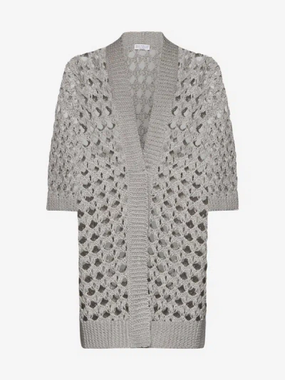 Shop Brunello Cucinelli Cotton-blend Crochet Cardigan In Grey