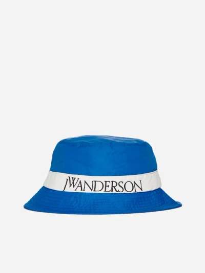 Shop Jw Anderson Logo Nylon-blend Bucket Hat In Blue,white