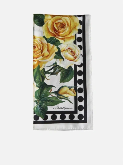 Shop Dolce & Gabbana Rose Print Silk Scarf In White,yellow