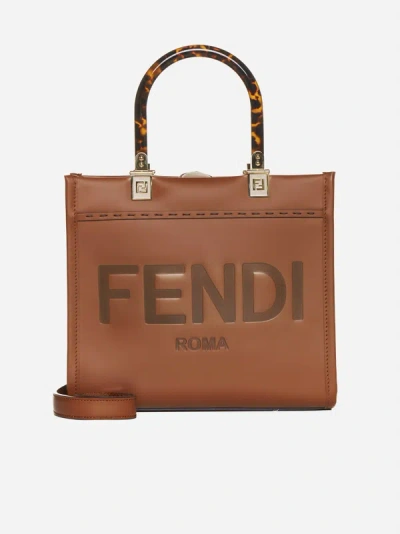 Shop Fendi Sunshine Leather Small Tote Bag In Tan
