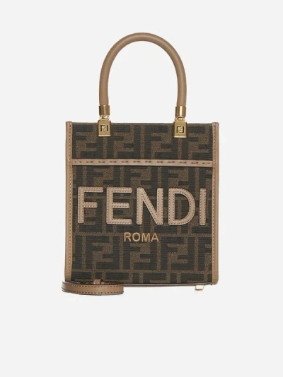 Shop Fendi Sunshine Ff Fabric Mini Tote Bag In Brown
