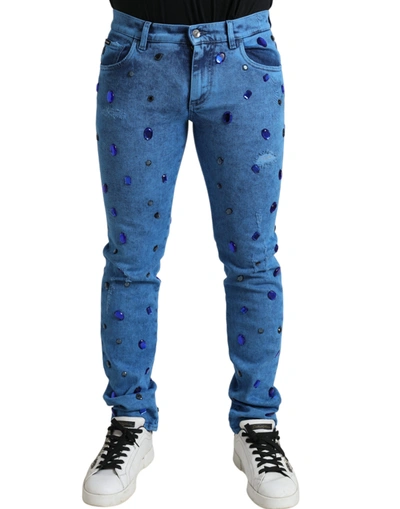 Shop Dolce & Gabbana Blue Crystal Embellished Skinny Denim Jeans