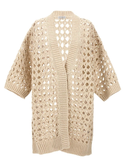Brunello Cucinelli Openwork Knit Cardigan Sweater, Cardigans Beige In Beige