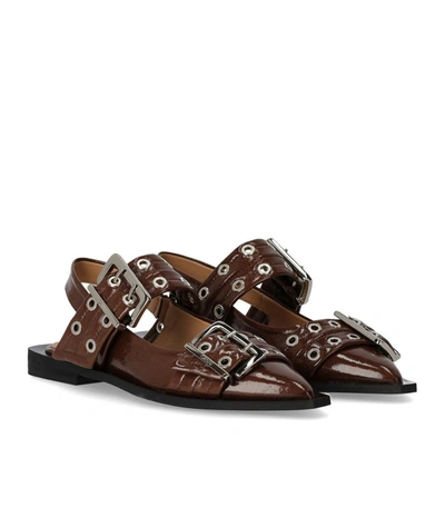 Shop Ganni Fossil Slingback Ballet Flat Shoe With Buckles In Brown
