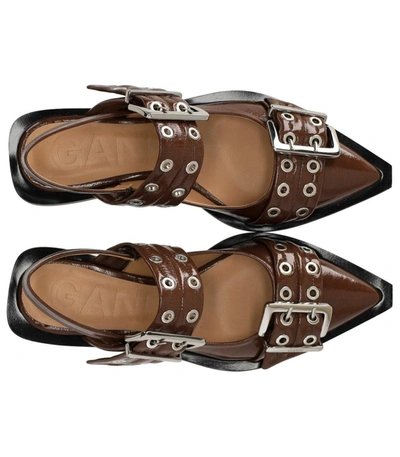 Shop Ganni Fossil Slingback Ballet Flat Shoe With Buckles In Brown