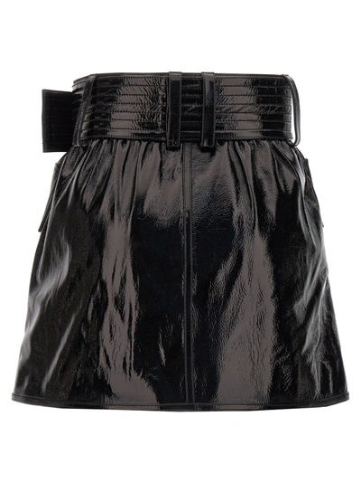 Shop Balmain Belt-up Shiny Leather Skirt Skirts Black
