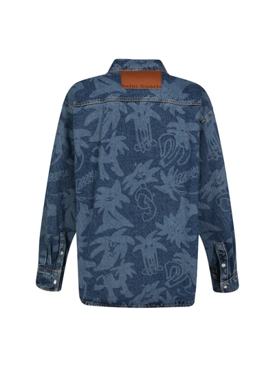 Shop Palm Angels Denim Shirt With All-over Palmity Print