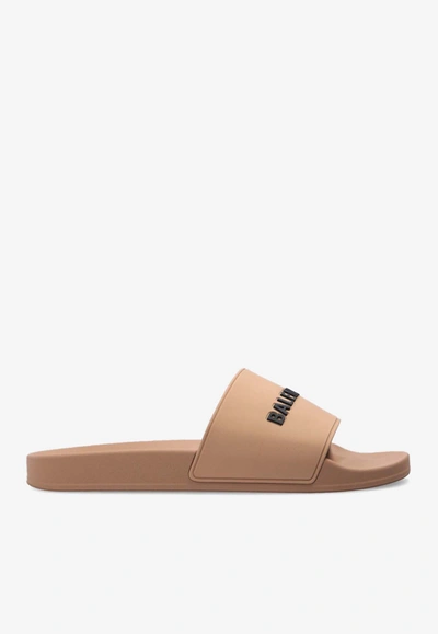 Shop Balenciaga 3d Logo Pool Slides In Beige