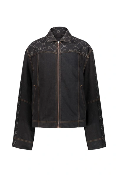 Marine Serre Crescent Moon-print Zip-up Denim Jacket In Black