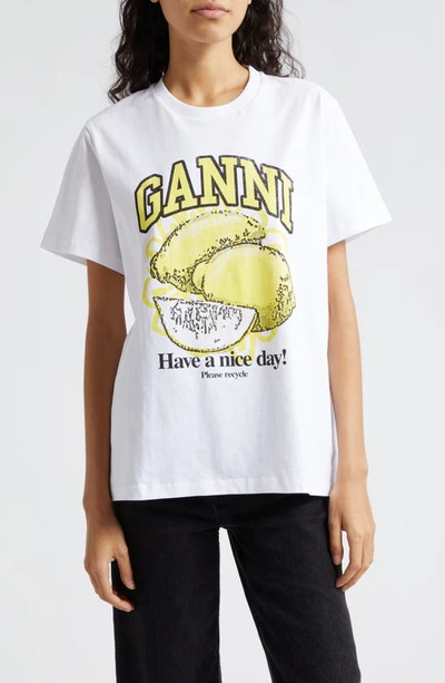 Shop Ganni Lemon Relaxed Organic Cotton T-shirt In Bright White