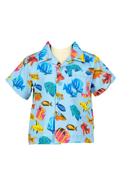 Shop Rachel Riley Tropical Fish Print Short Sleeve Cotton Button-up Shirt In Blue Multi