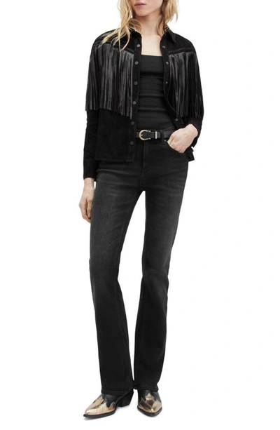 Shop Allsaints Cleo Western Leather Fringe Suede Shirt Jacket In Black