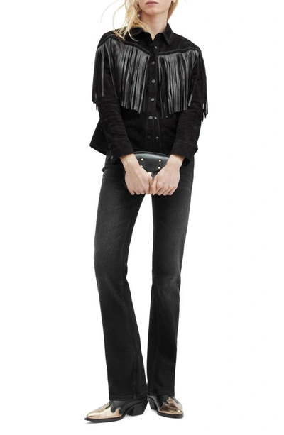 Shop Allsaints Cleo Western Leather Fringe Suede Shirt Jacket In Black