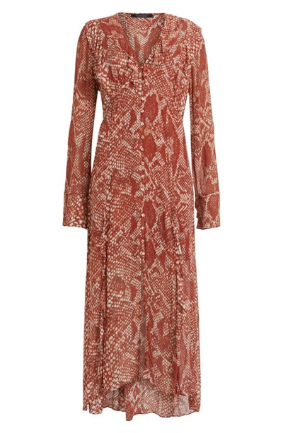 Shop Allsaints Liana Waimea Snakeskin Print Long Sleeve High-low Dress In Red Clay