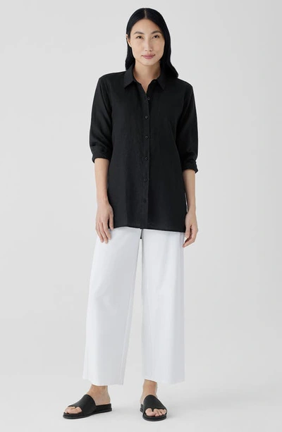 Shop Eileen Fisher Classic Long Sleeve Organic Linen Button-up Shirt In Black