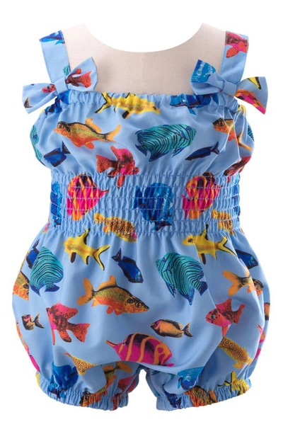 Shop Rachel Riley Tropical Fish Print Bubble Romper In Blue Multi
