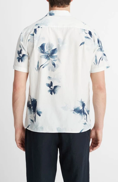 Shop Vince Faded Floral Print Short Sleeve Shirt In Optic White/ Deep Indigo