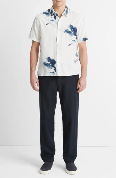 Shop Vince Faded Floral Print Short Sleeve Shirt In Optic White/ Deep Indigo