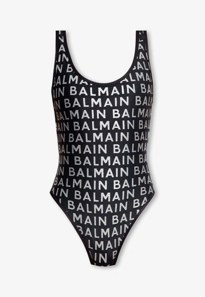 Shop Balmain All-over Glittered Logo One-piece Swimsuit In Black
