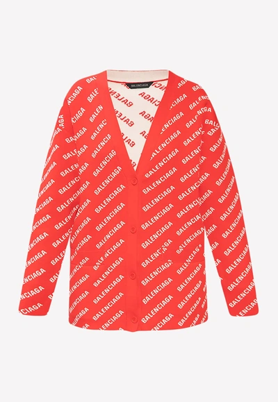 Shop Balenciaga All-over Logo Cardigan In Red