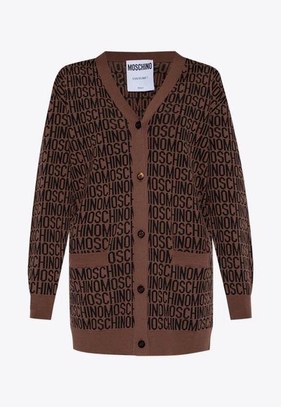 Shop Moschino All-over Logo Knit Cardigan In Brown