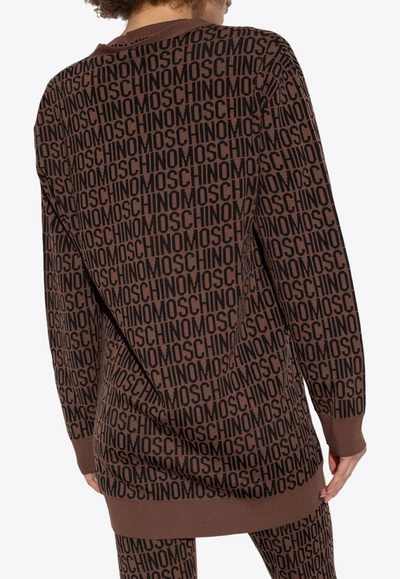 Shop Moschino All-over Logo Knit Cardigan In Brown