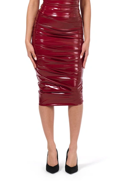 Shop Naked Wardrobe Ruched Vinyl Midi Skirt In Dark Red