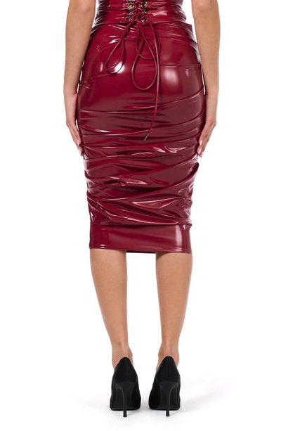 Shop Naked Wardrobe Ruched Vinyl Midi Skirt In Dark Red