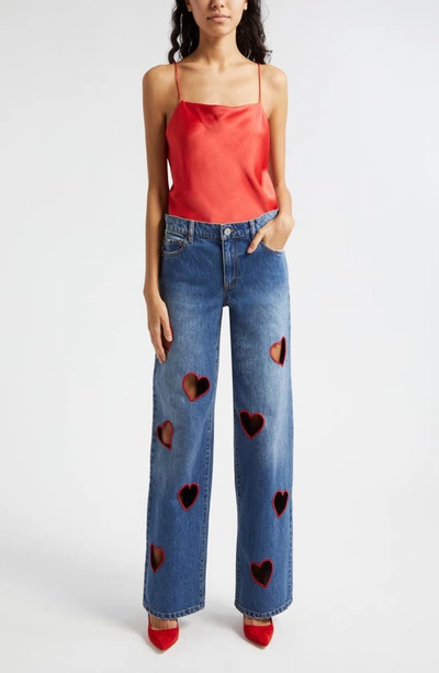 Shop Alice And Olivia Karrie Embroidered Heart Cutout Nonstretch Jeans In True Blues Dark